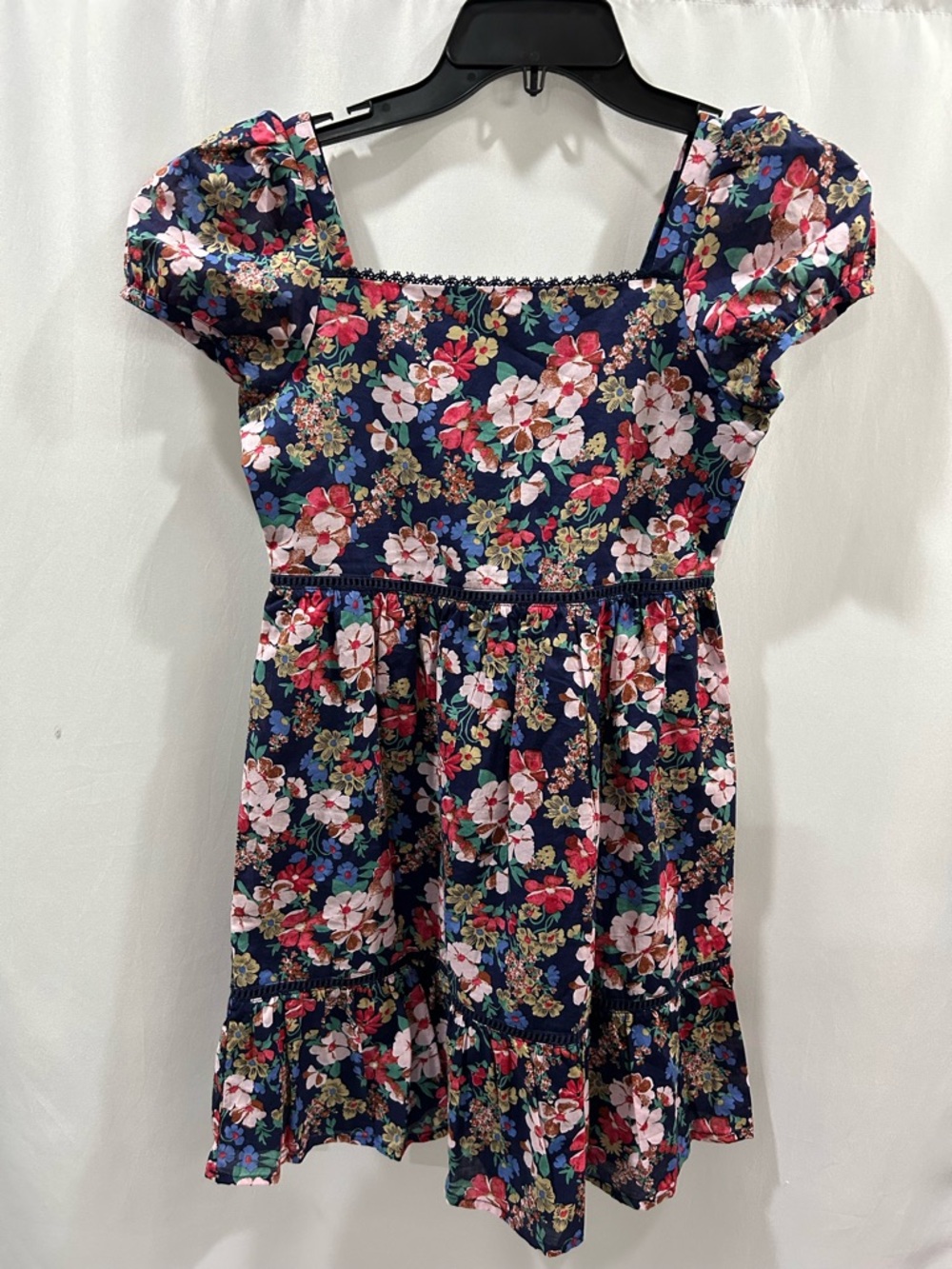 Janie and Jack Navy Floral Puff-Sleeve Dress with Pink & Green Blooms